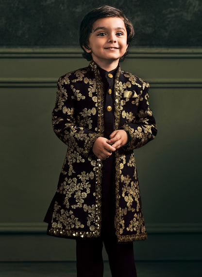 Kids Black Embroidered Brocade Sherwani Set