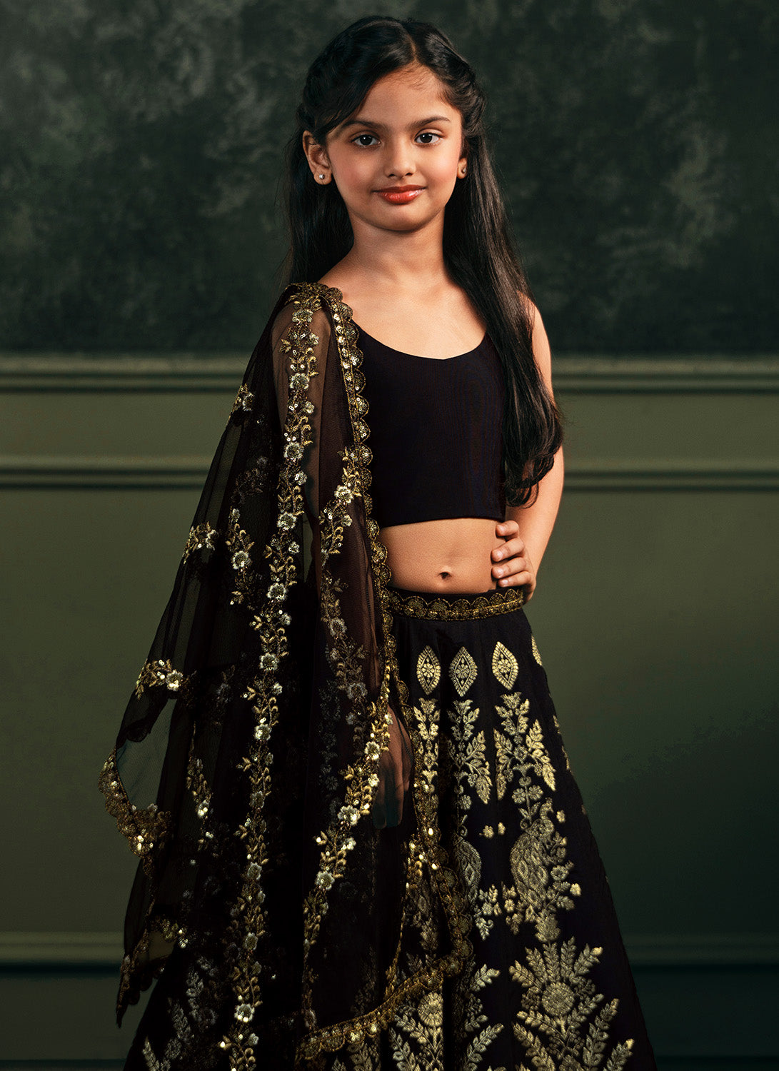 Kids Black Embroidered Brocade Lehenga
