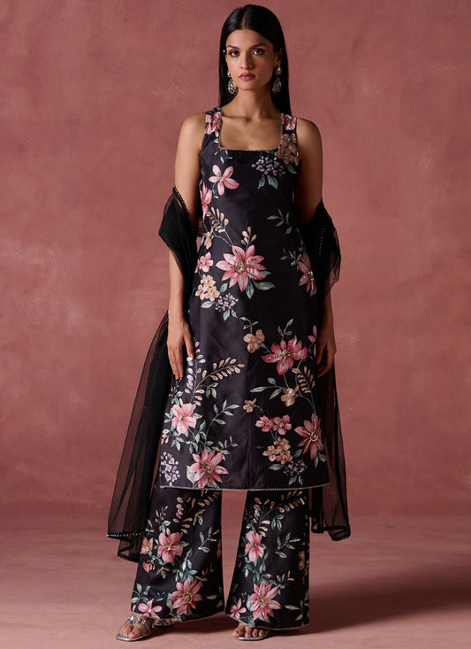Black Floral Printed Straight Suit