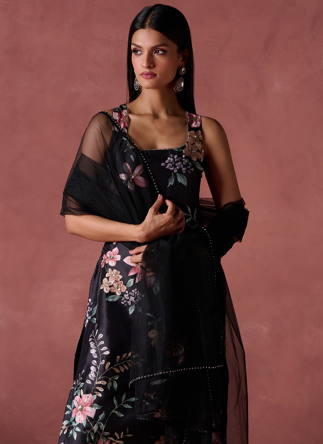 Black and Pink Floral Printed Straight Suit