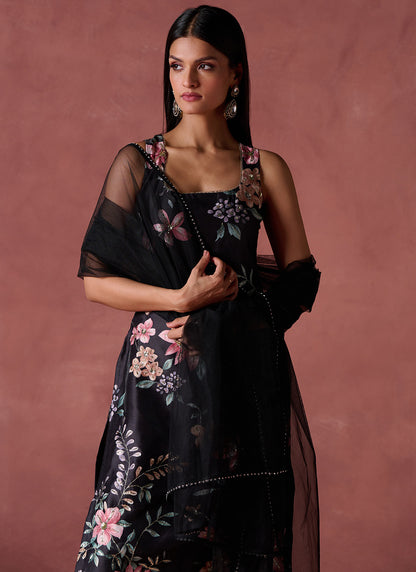 Black and Pink Floral Printed Straight Suit