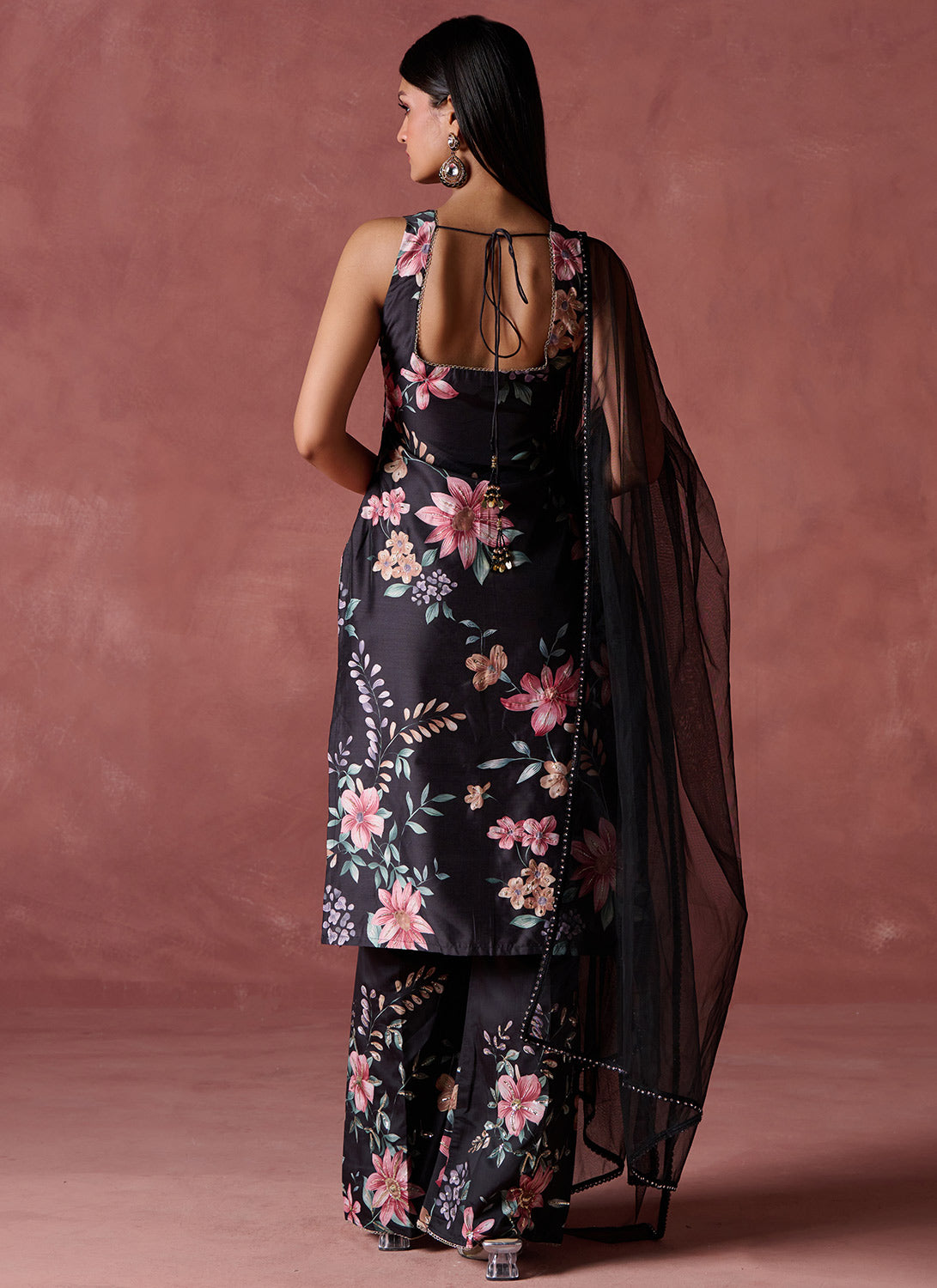 Black and Pink Floral Printed Straight Suit