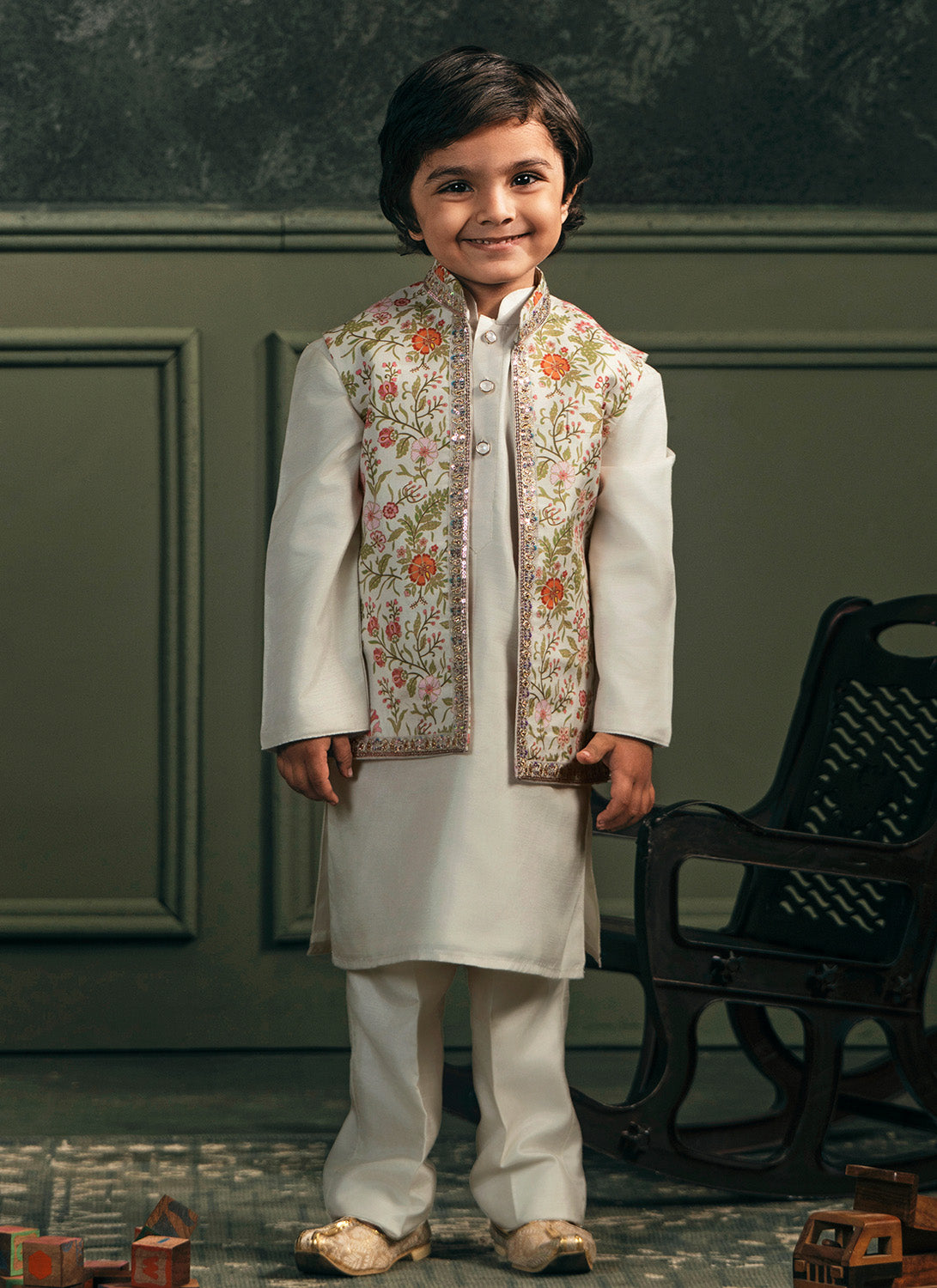 Kids Off White Multicolor Printed Nehru Jacket Set