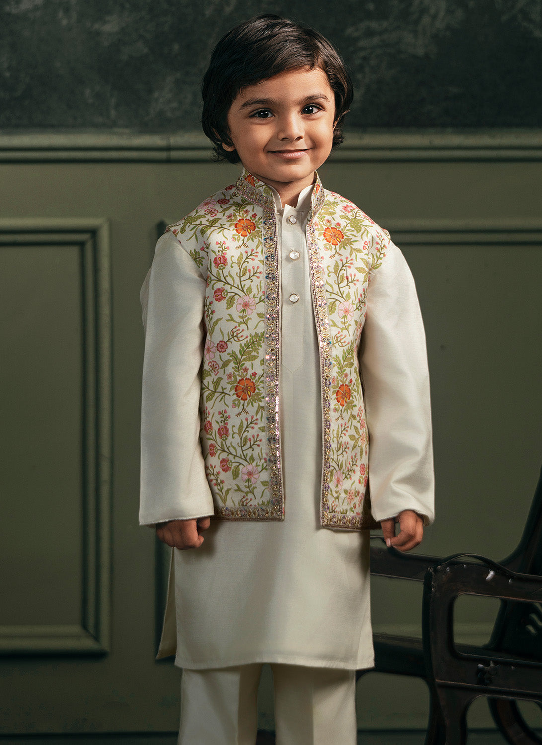 Kids Off White Multicolor Printed Nehru Jacket Set