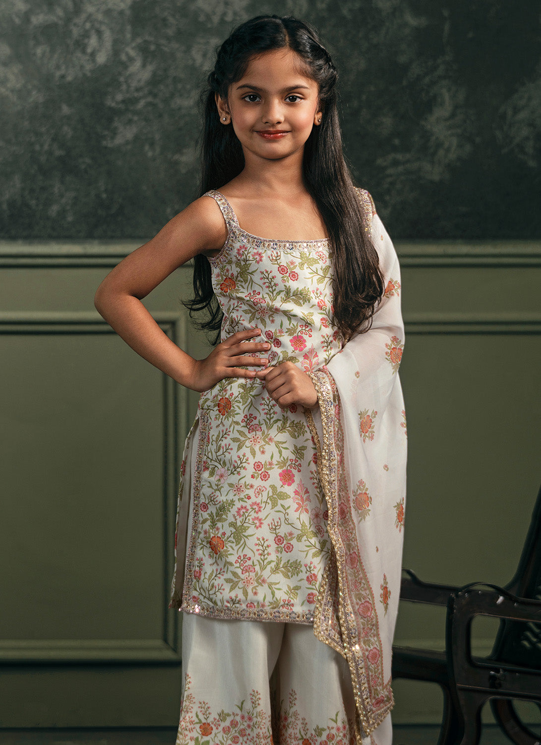 Kids Off White Multicolor Printed Palazzo Suit