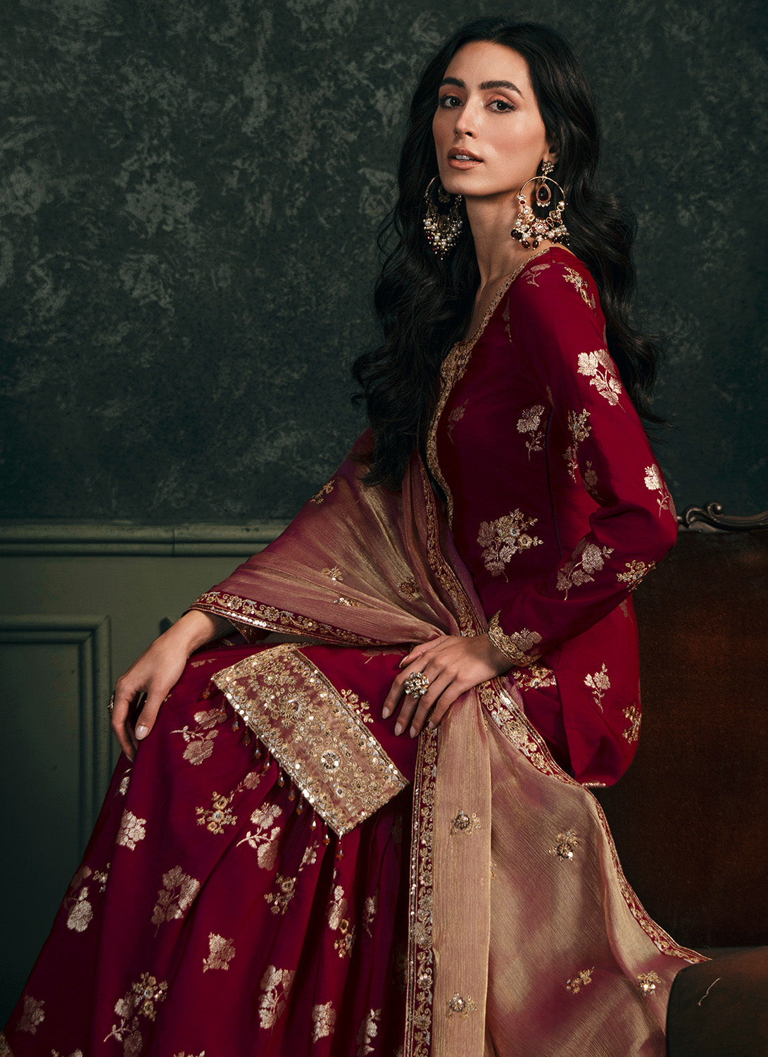 Wine Embroidered Brocade Gharara