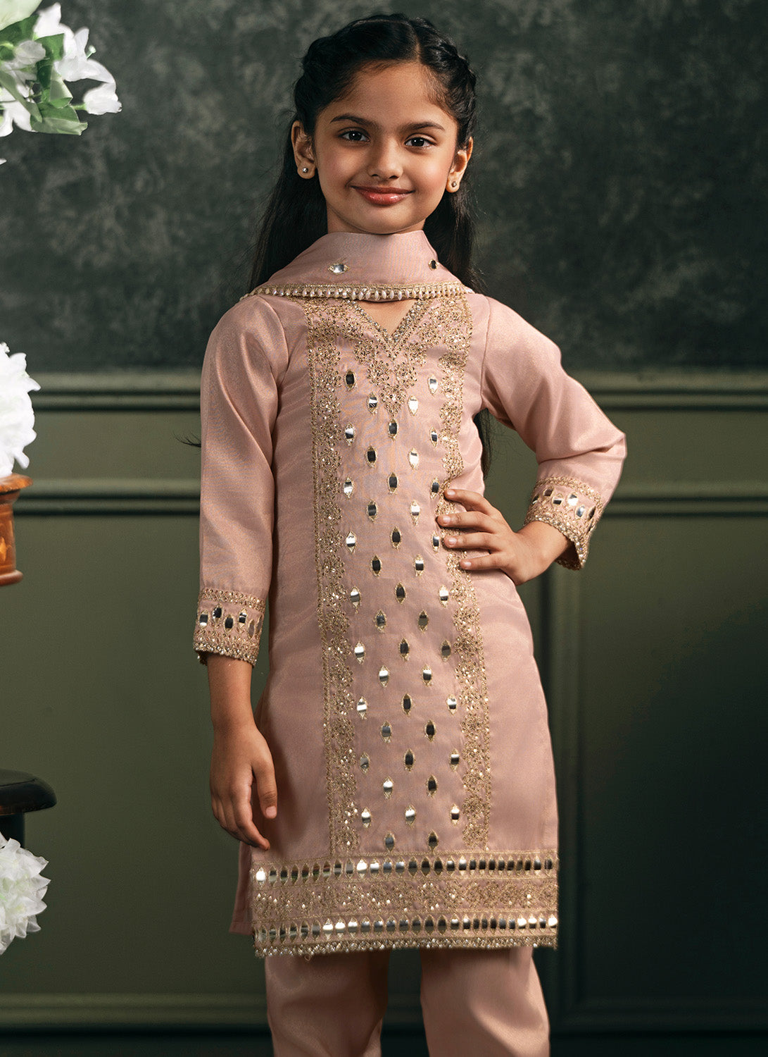 Kids Peach Embroidered Silk Straight Suit
