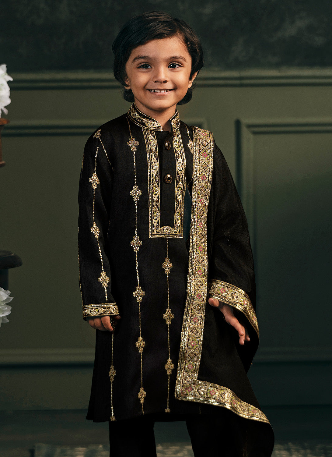 Kids Black Embroidered Silk Kurta Set