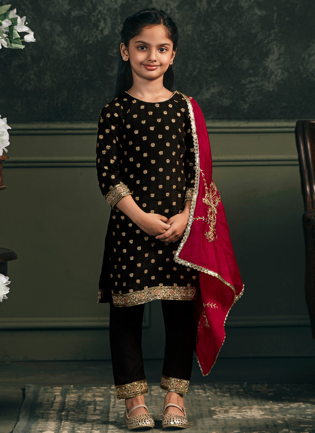 Kids Black and Hot Pink Embroidered Straight Suit