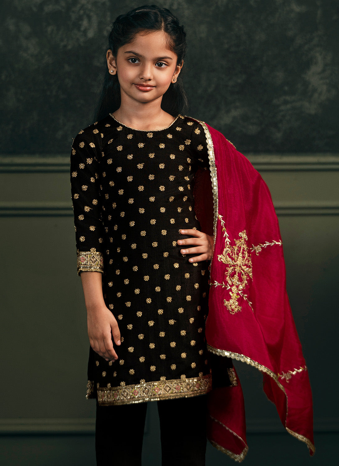 Kids Black and Hot Pink Embroidered Straight Suit