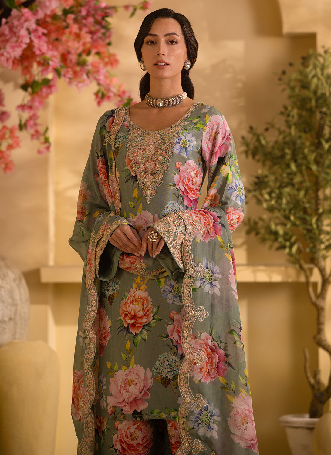 Dusty Mint Floral Embroidered Satin Georgette Palazzo Suit