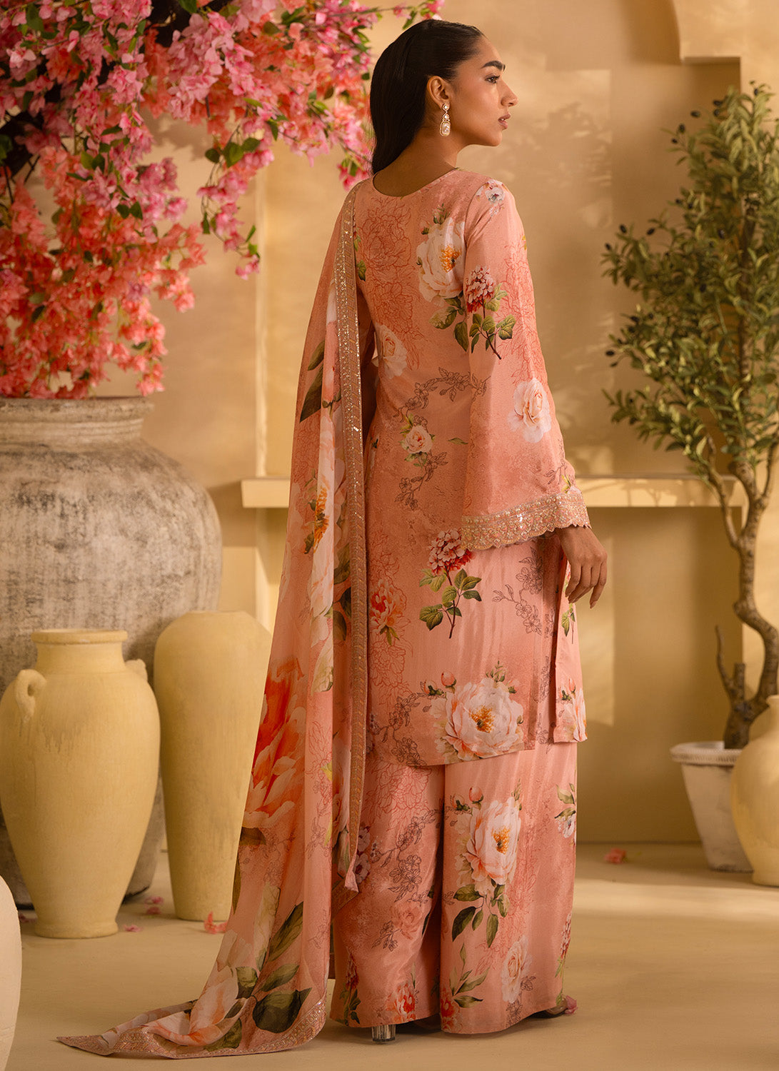 Dusty Peach Floral Embroidered Satin Georgette Palazzo Suit