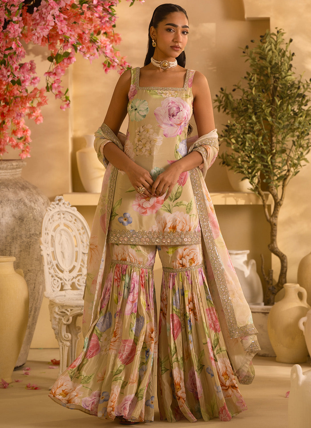 Dusty Green Floral Embroidered Crepe Silk Gharara Suit