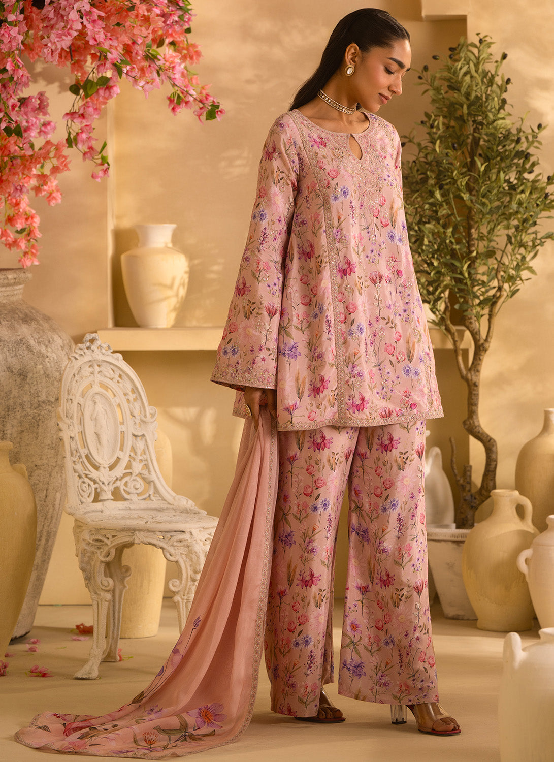 Dusty Peach Floral Embroidered Palazzo Suit