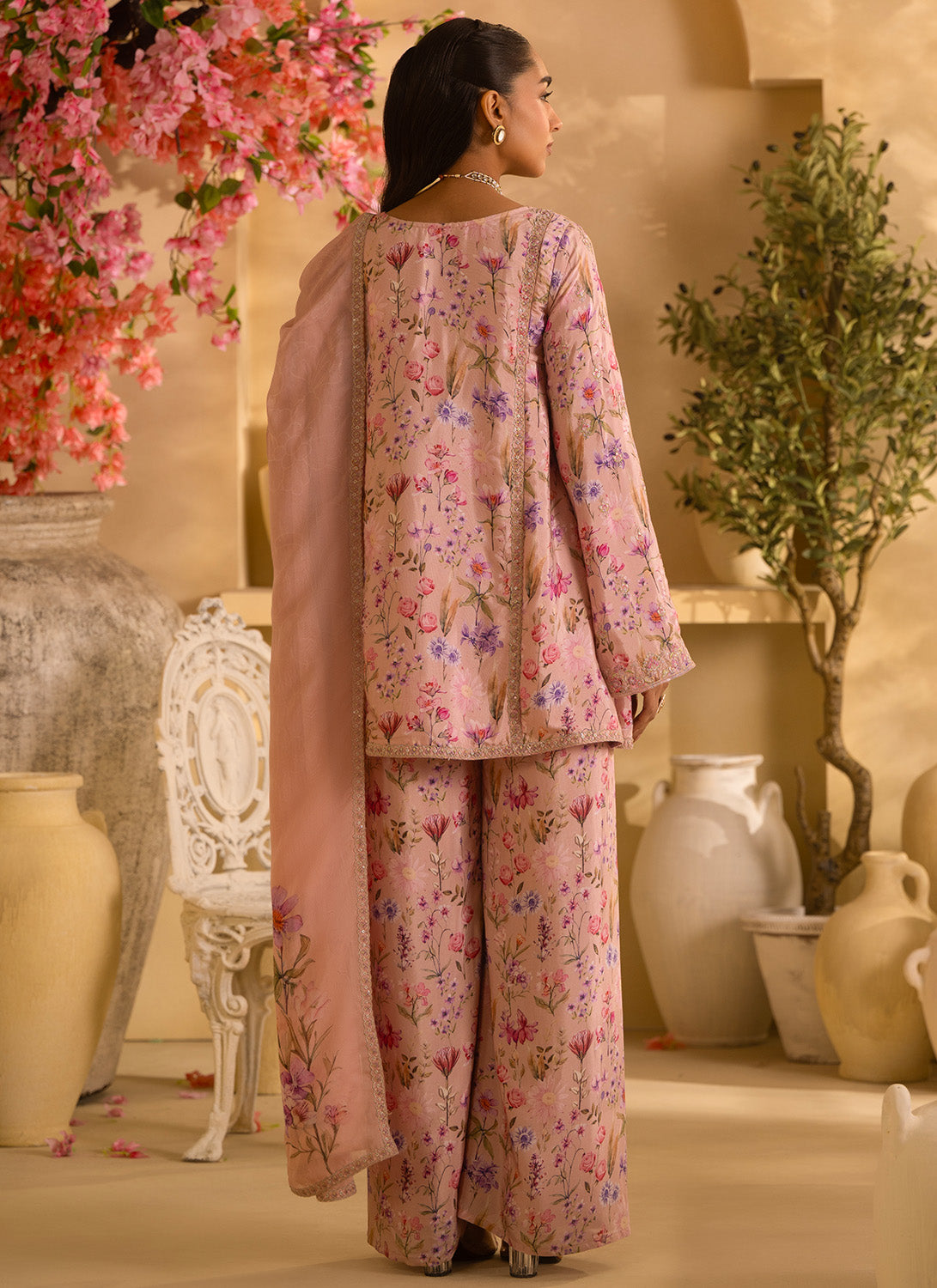 Dusty Peach Floral Embroidered Palazzo Suit