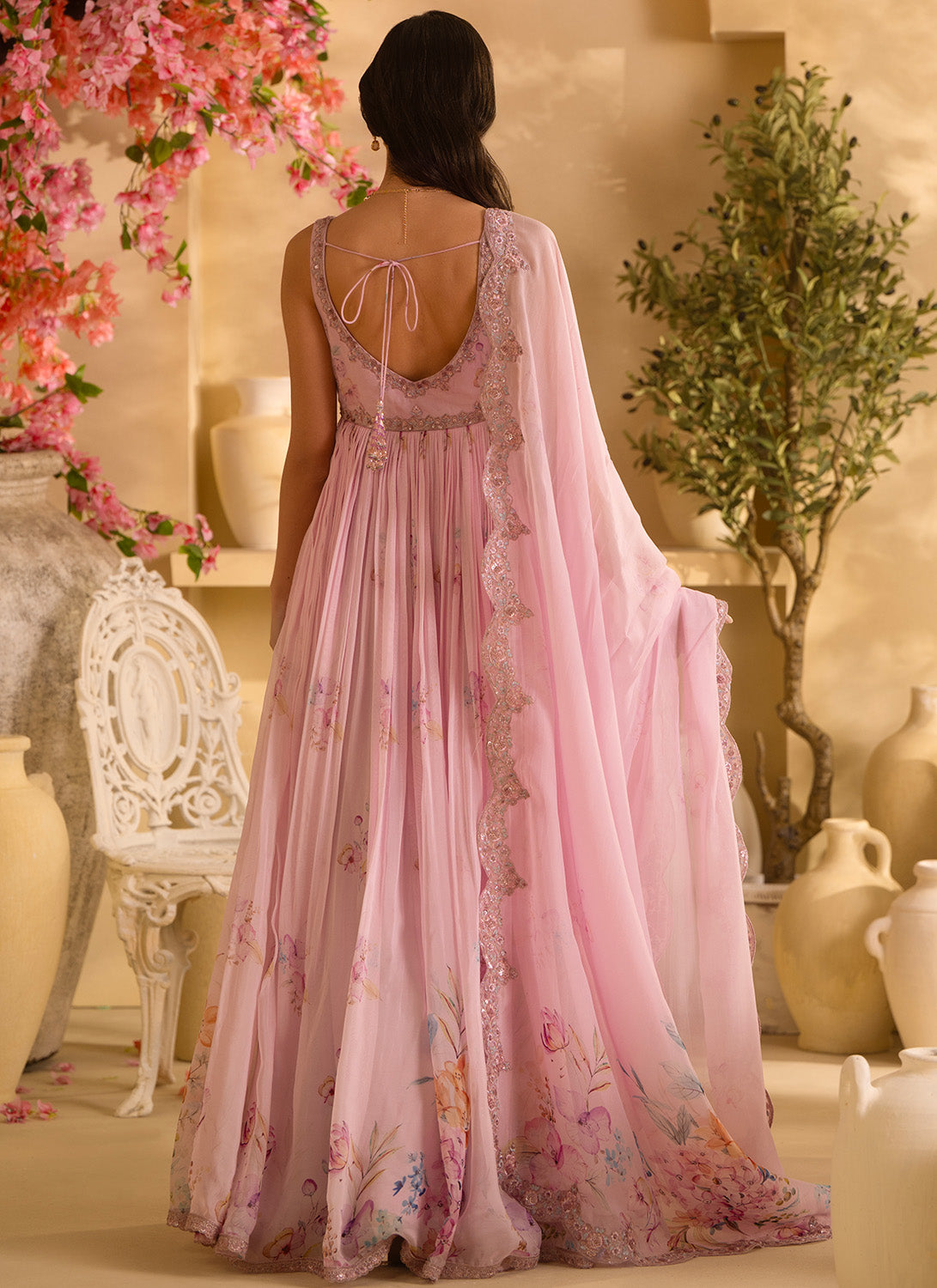 Light Pink Floral Embroidered Organza Anarkali