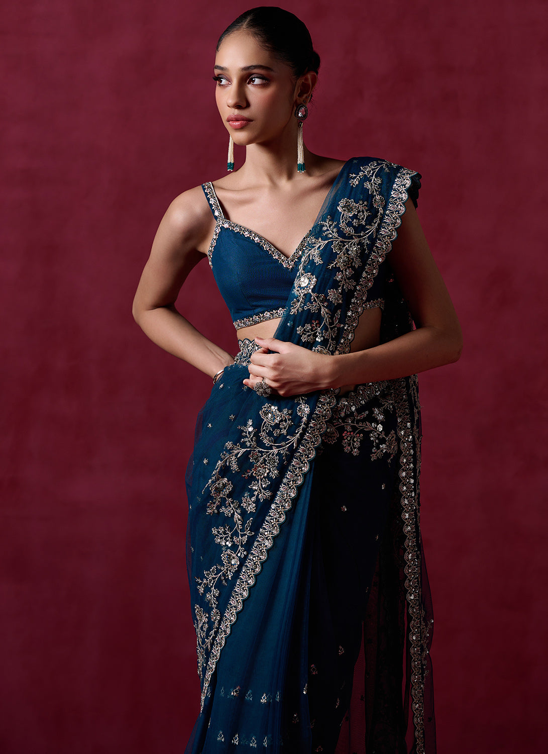 Teal Blue Embroidered Net Saree