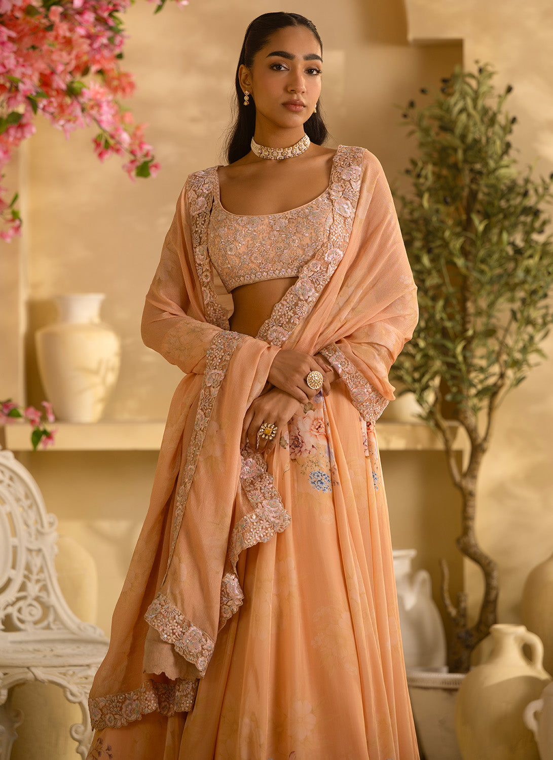 Golden Yellow Floral Embroidered Crepe Silk Lehenga