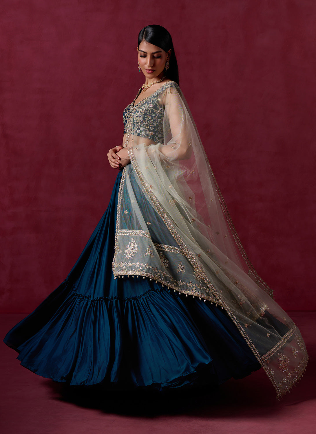Teal Green Embroidered Crepe Silk Lehenga