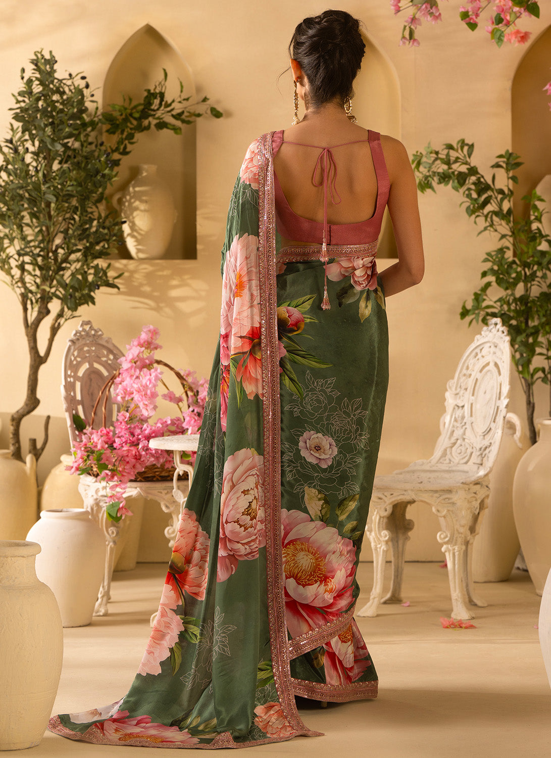 Green Multicolor Floral Embroidered Viscose Chinon Saree