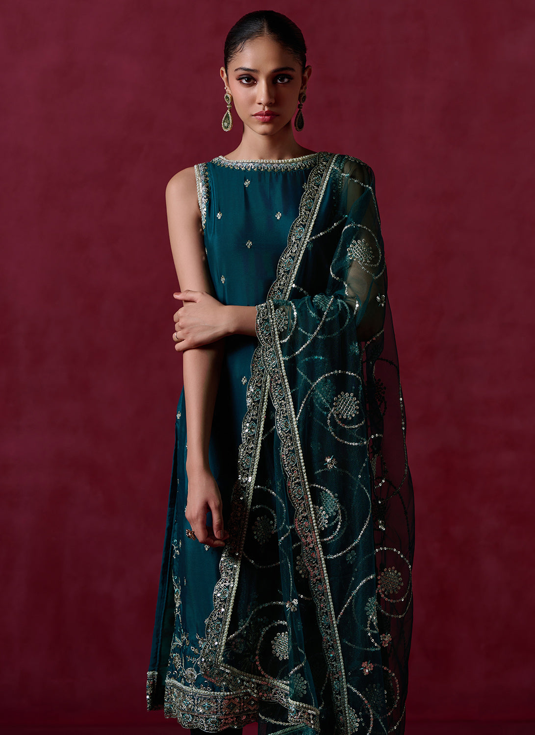 Green Embroidered Crepe Silk Straight Suit