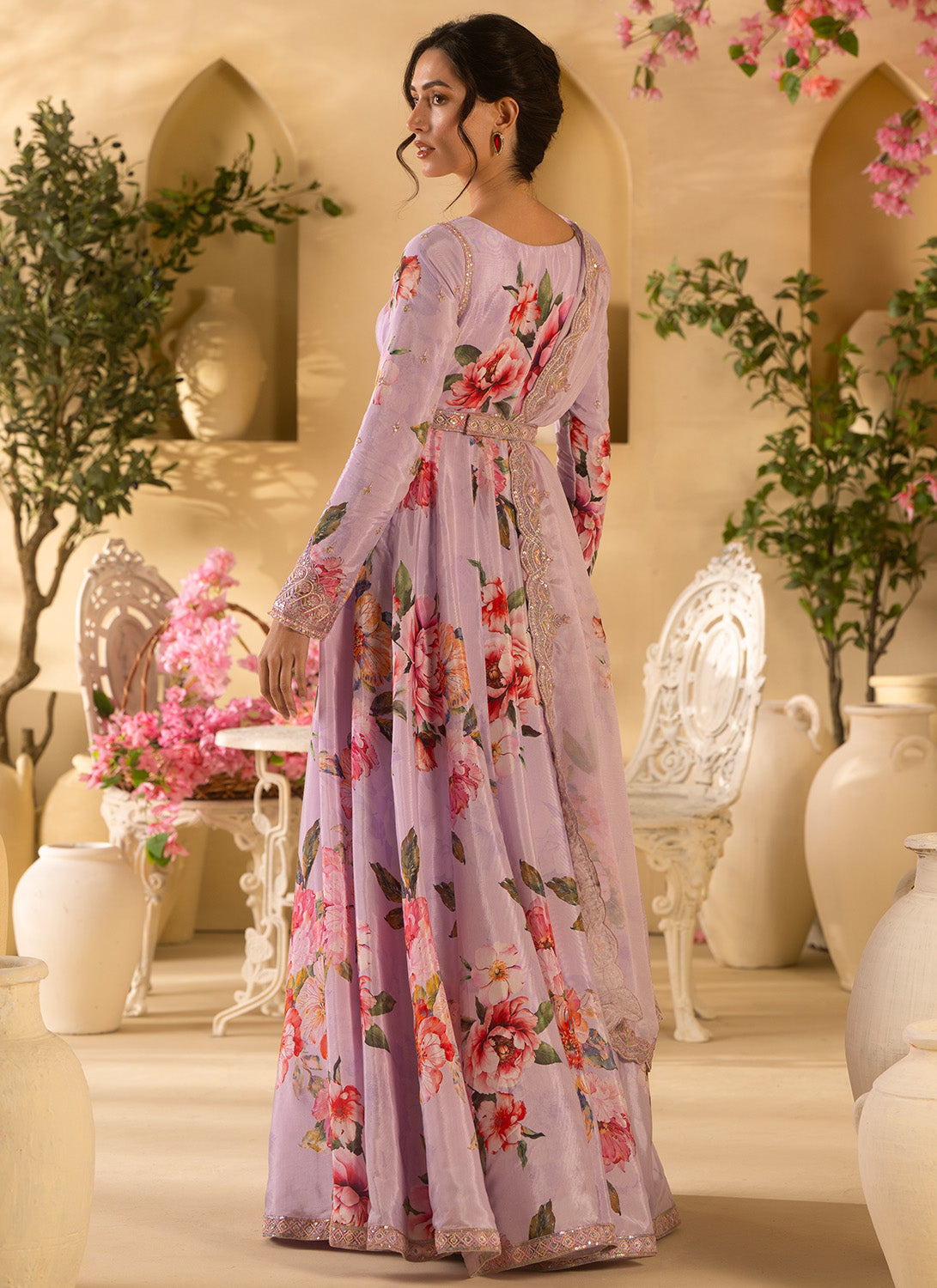 Lilac Floral Embroidered Satin Georgette Anarkali Suit