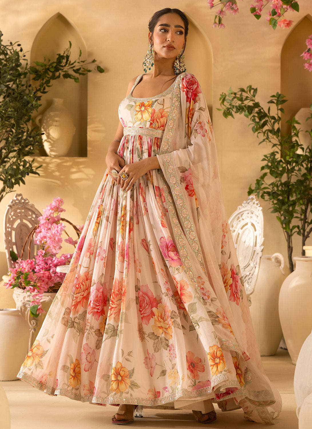 Off White Floral Embroidered Organza Anarkali