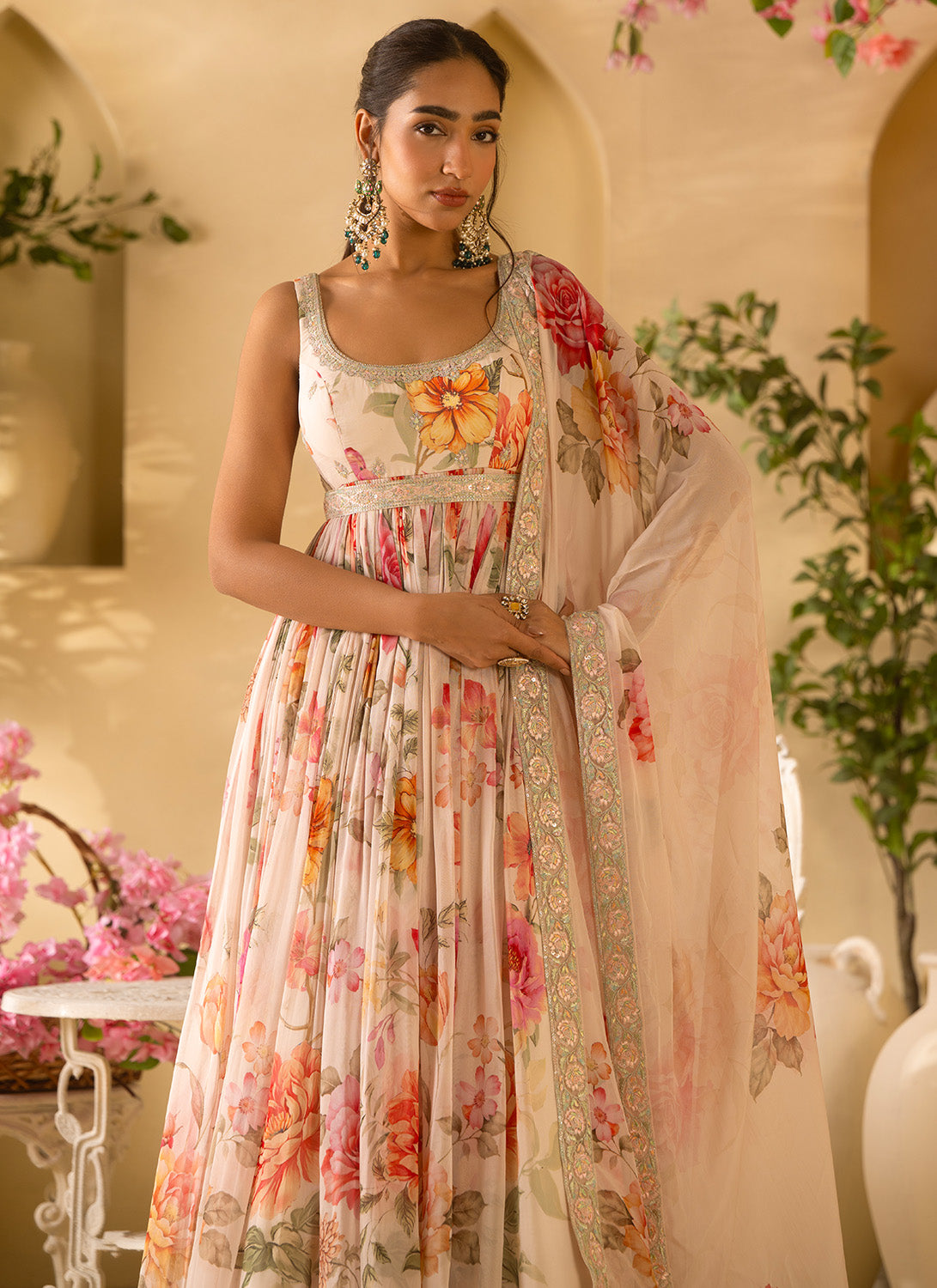 Off White Floral Embroidered Organza Anarkali