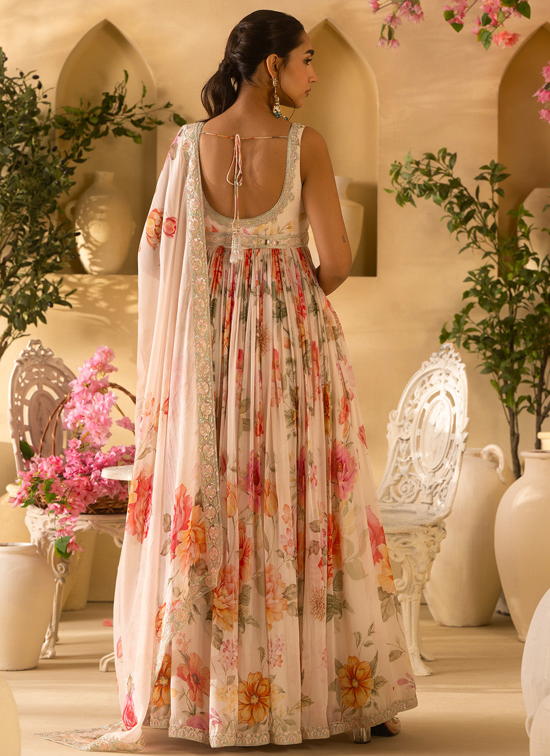 Off White Floral Embroidered Organza Anarkali