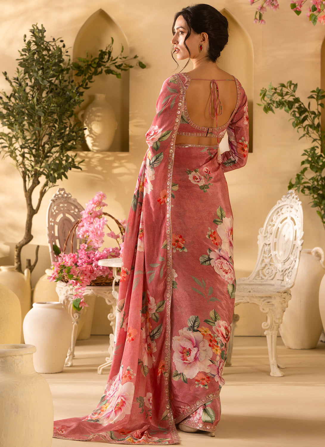 Dusty Rose Floral Embroidered Crepe Silk Saree