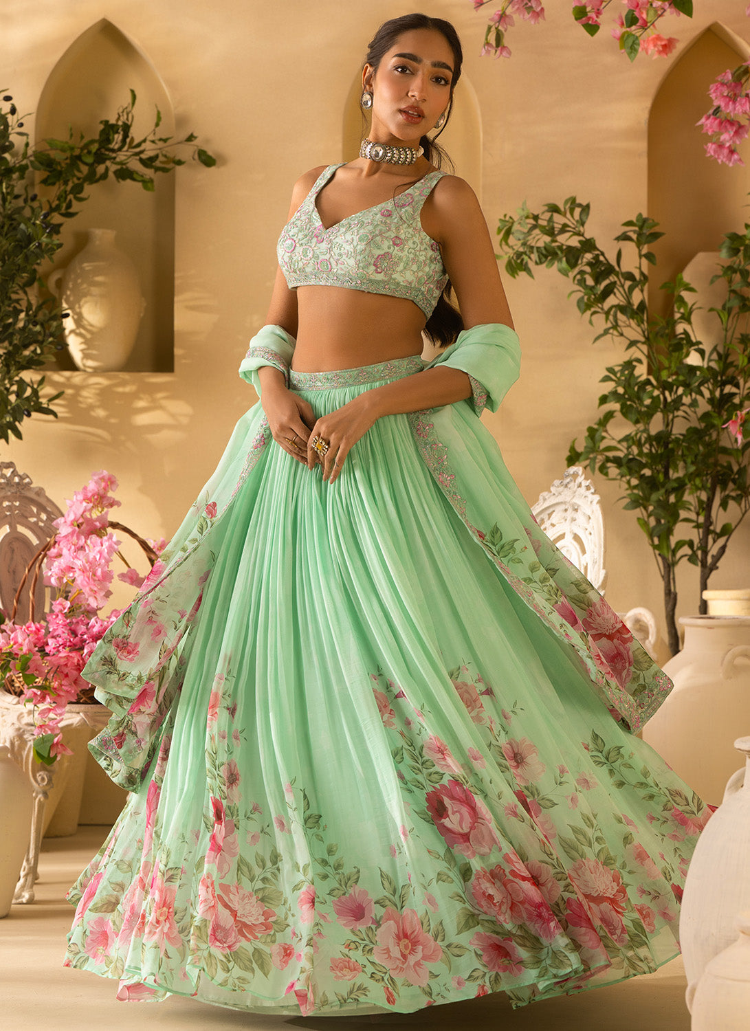Mint Green Floral Embroidered Organza Lehenga