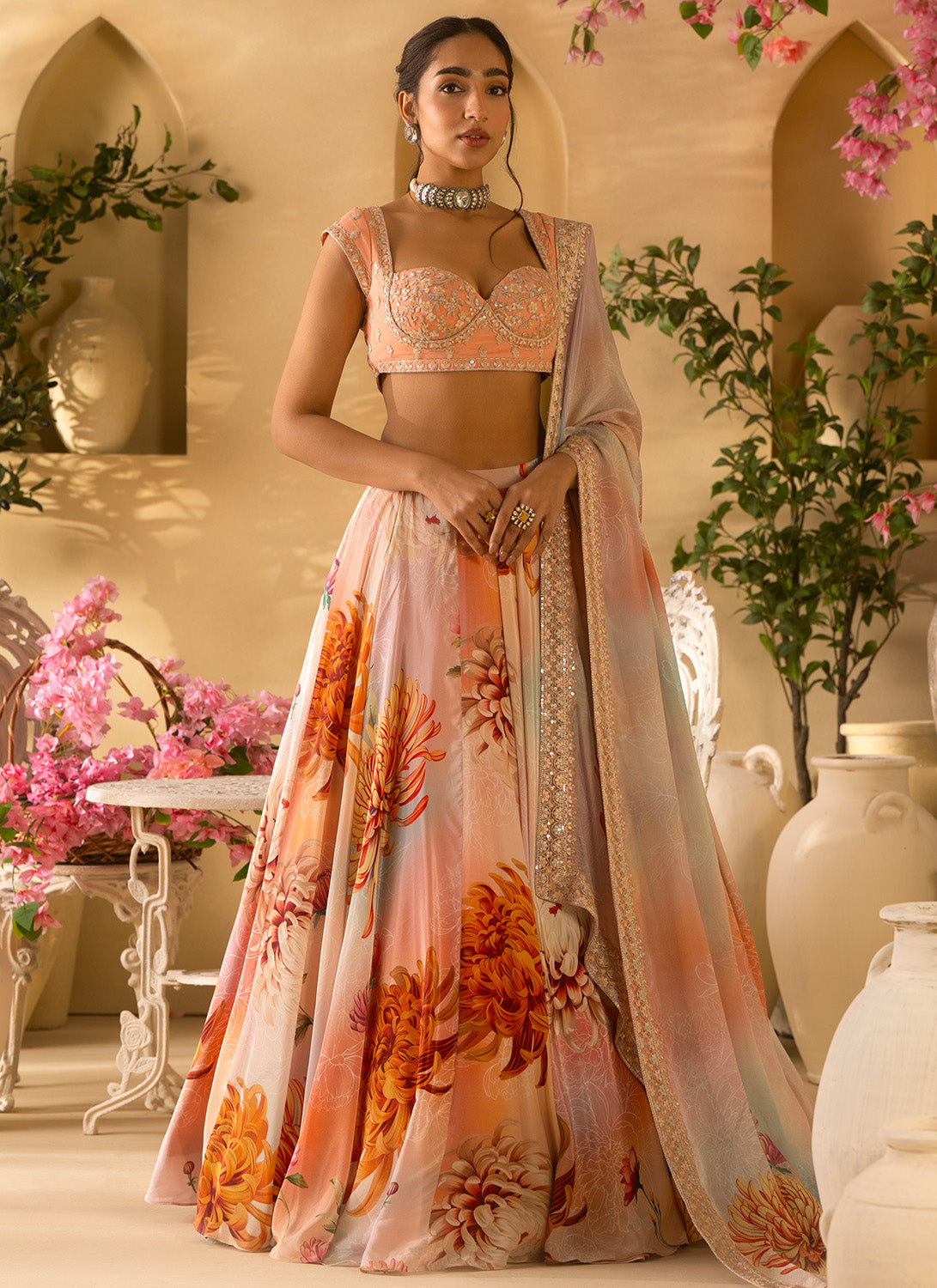 Multicolor Floral Embroidered Crepe Silk Lehenga