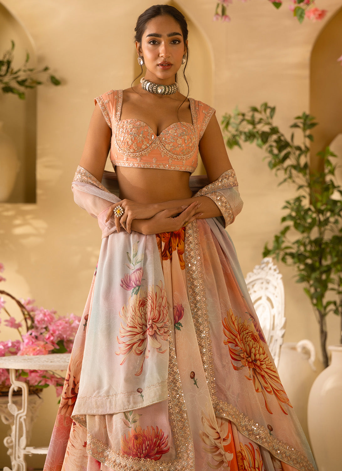 Multicolor Floral Embroidered Crepe Silk Lehenga
