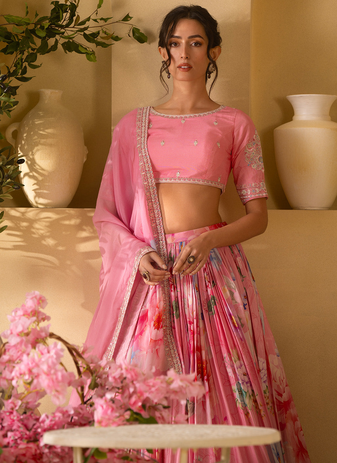 Pink Floral Embroidered Satin Georgette Lehenga