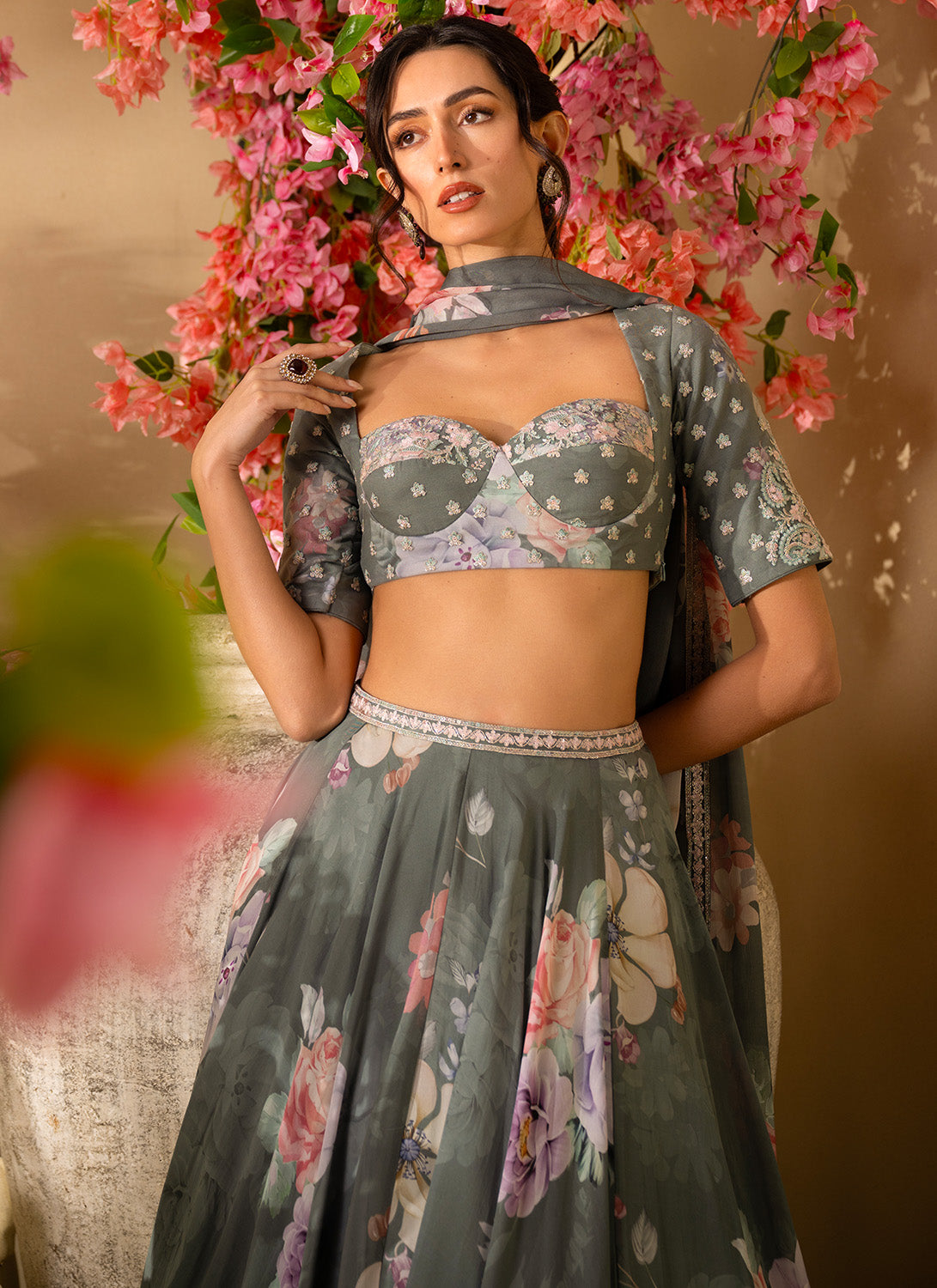 Green Floral Embroidered Organza Lehenga