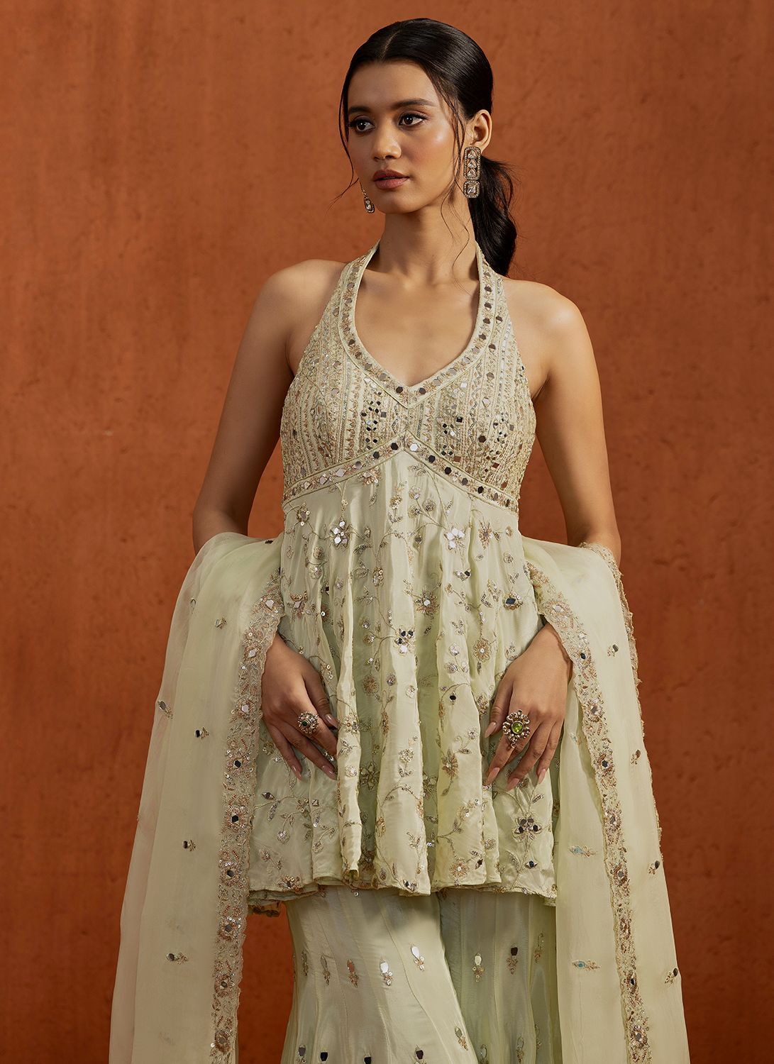 Light Green Embroidered Peplum Style Gharara Suit