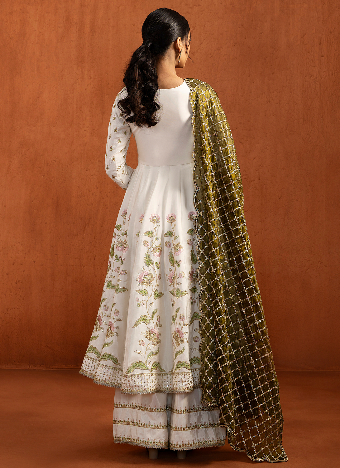 White and Olive Embroidered Anarkali Style Palazzo