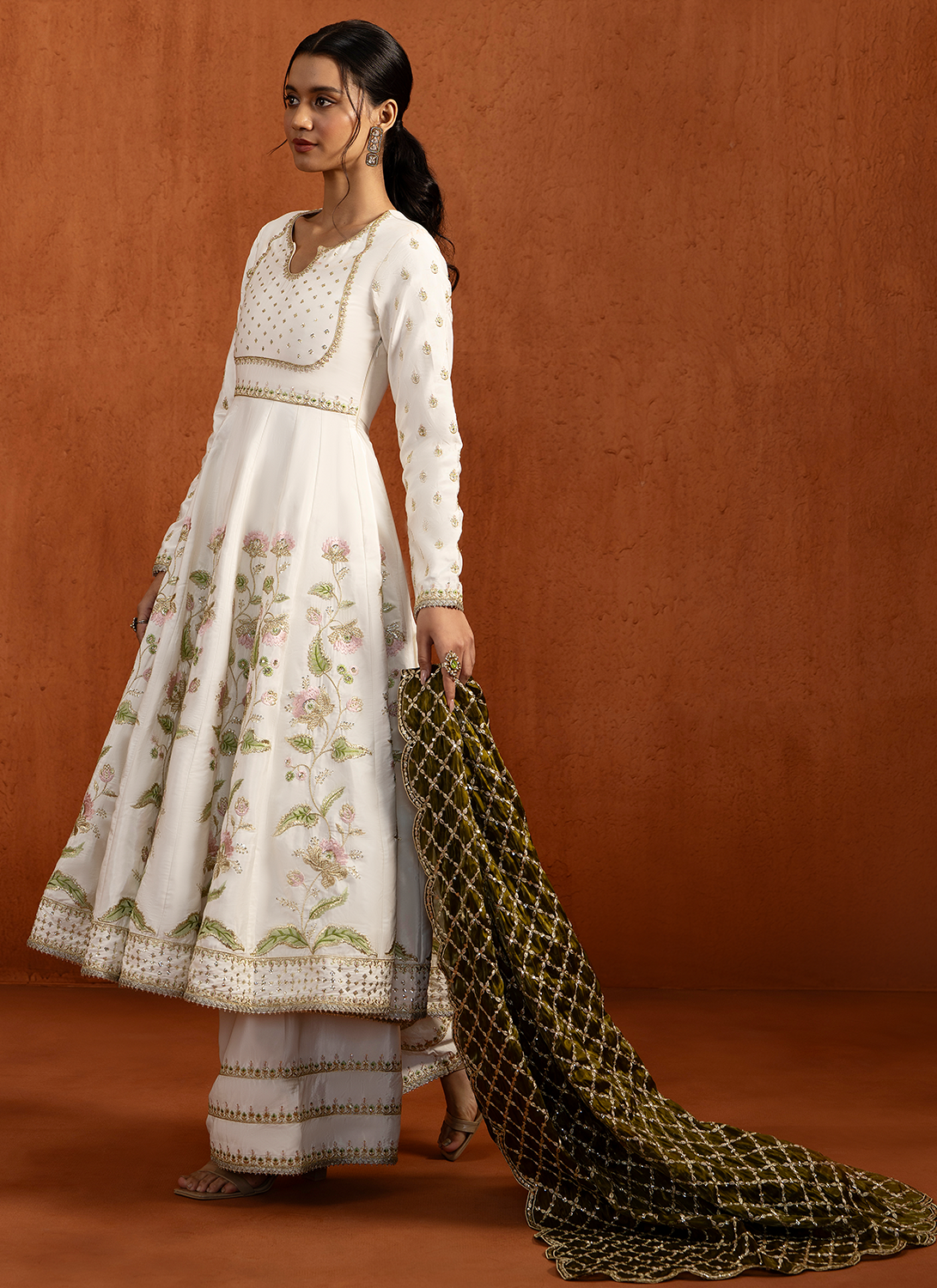 White and Olive Embroidered Anarkali Style Palazzo
