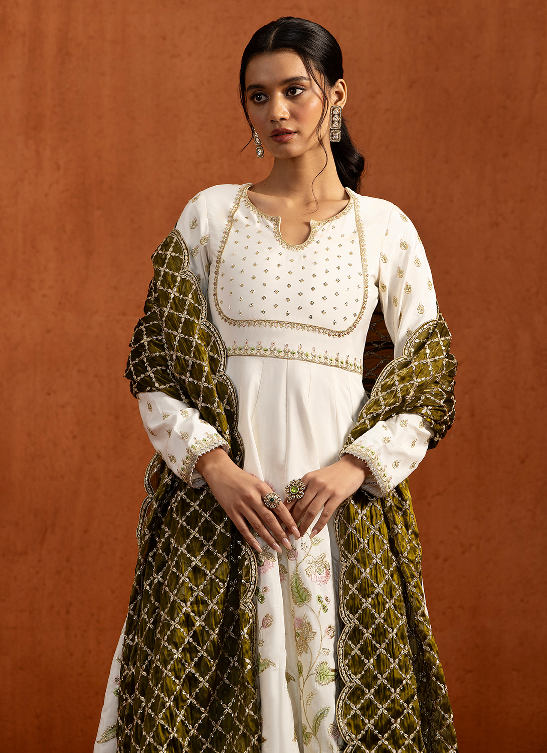 White and Olive Embroidered Anarkali Style Palazzo