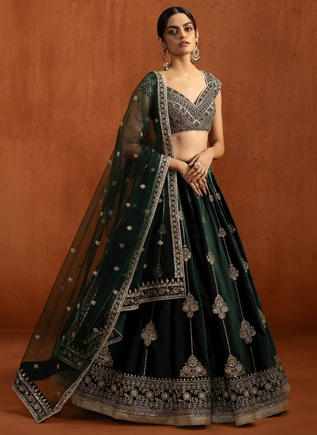 Dark Green Embroidered Velvet Lehenga