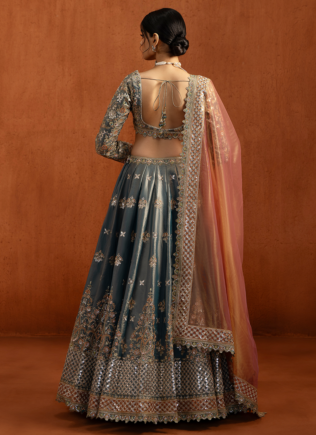 Dusty Teal Embroidered Silk Lehenga