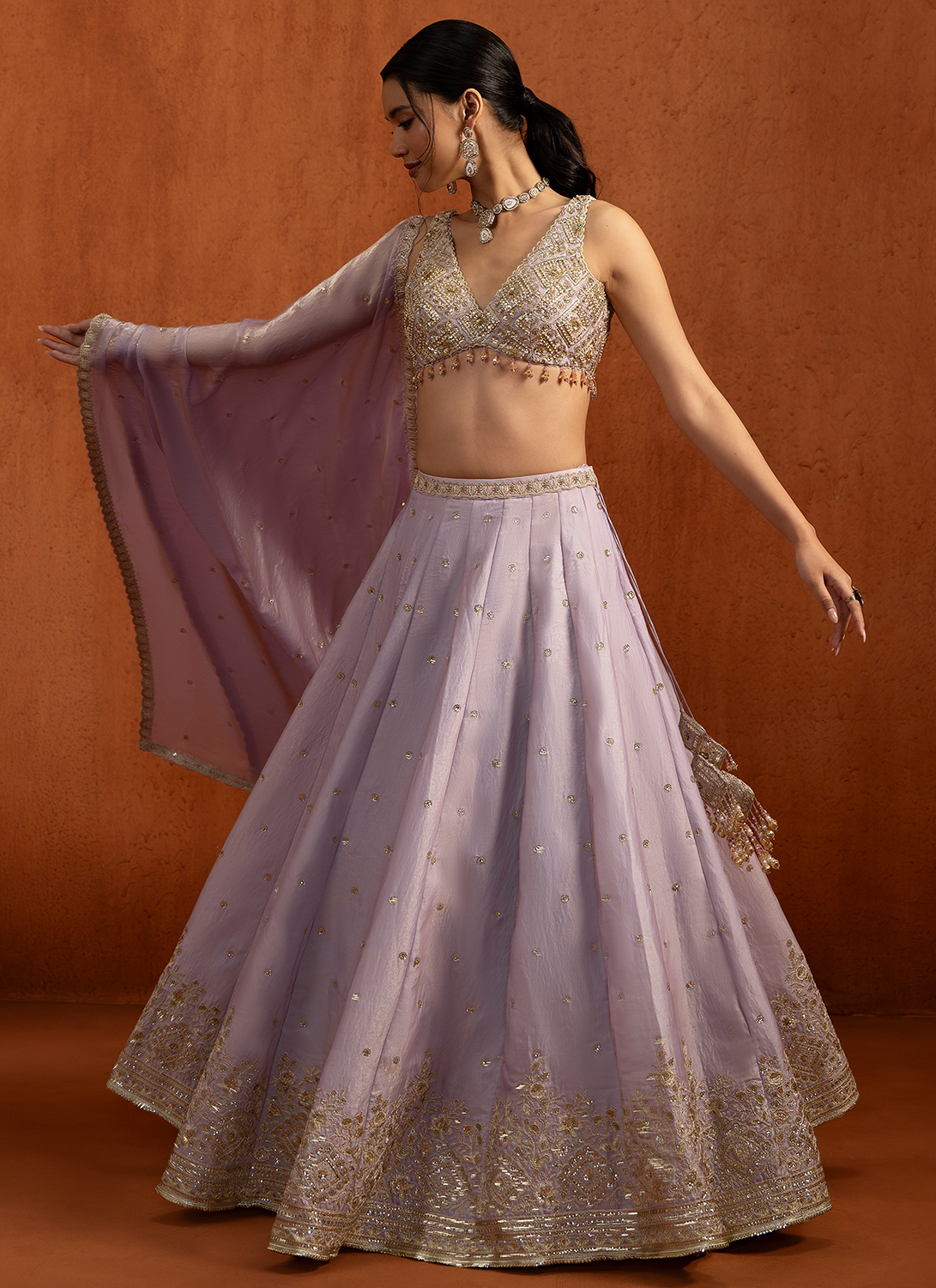 Soft Lilac Embroidered Tissue Lehenga
