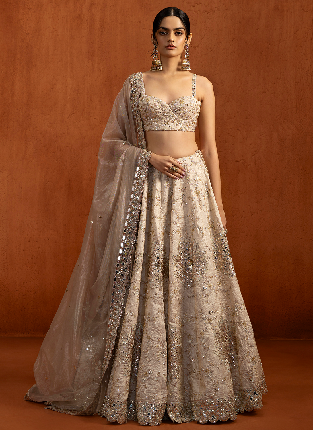 Off White Embroidered Silk Satin Lehenga