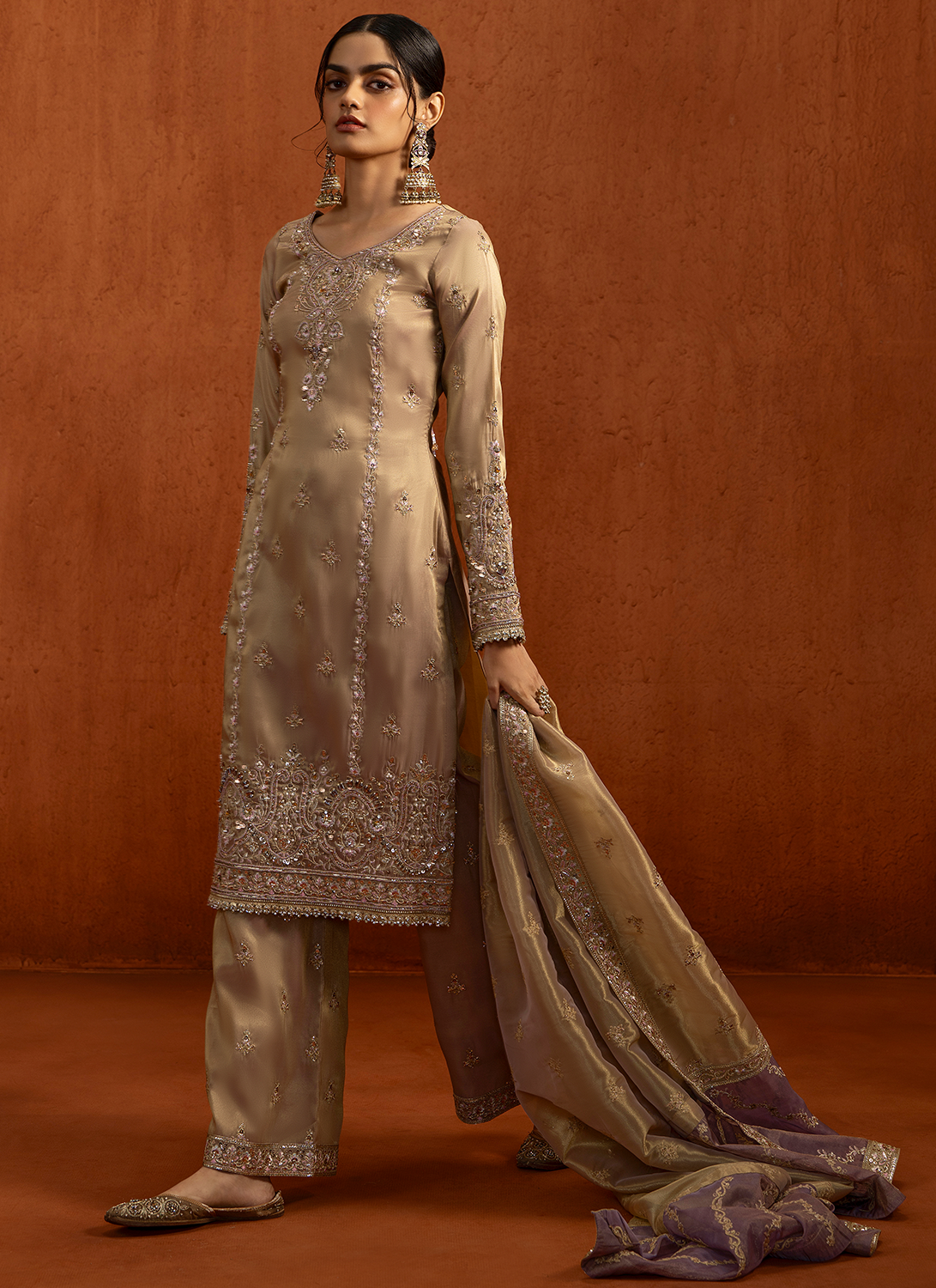Champagne Gold Embroidered Silk Palazzo Suit