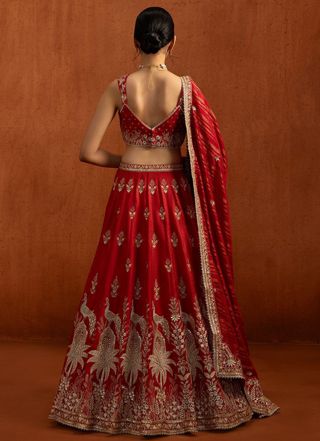 Red Embroidered Viscose Tissue Satin Lehenga