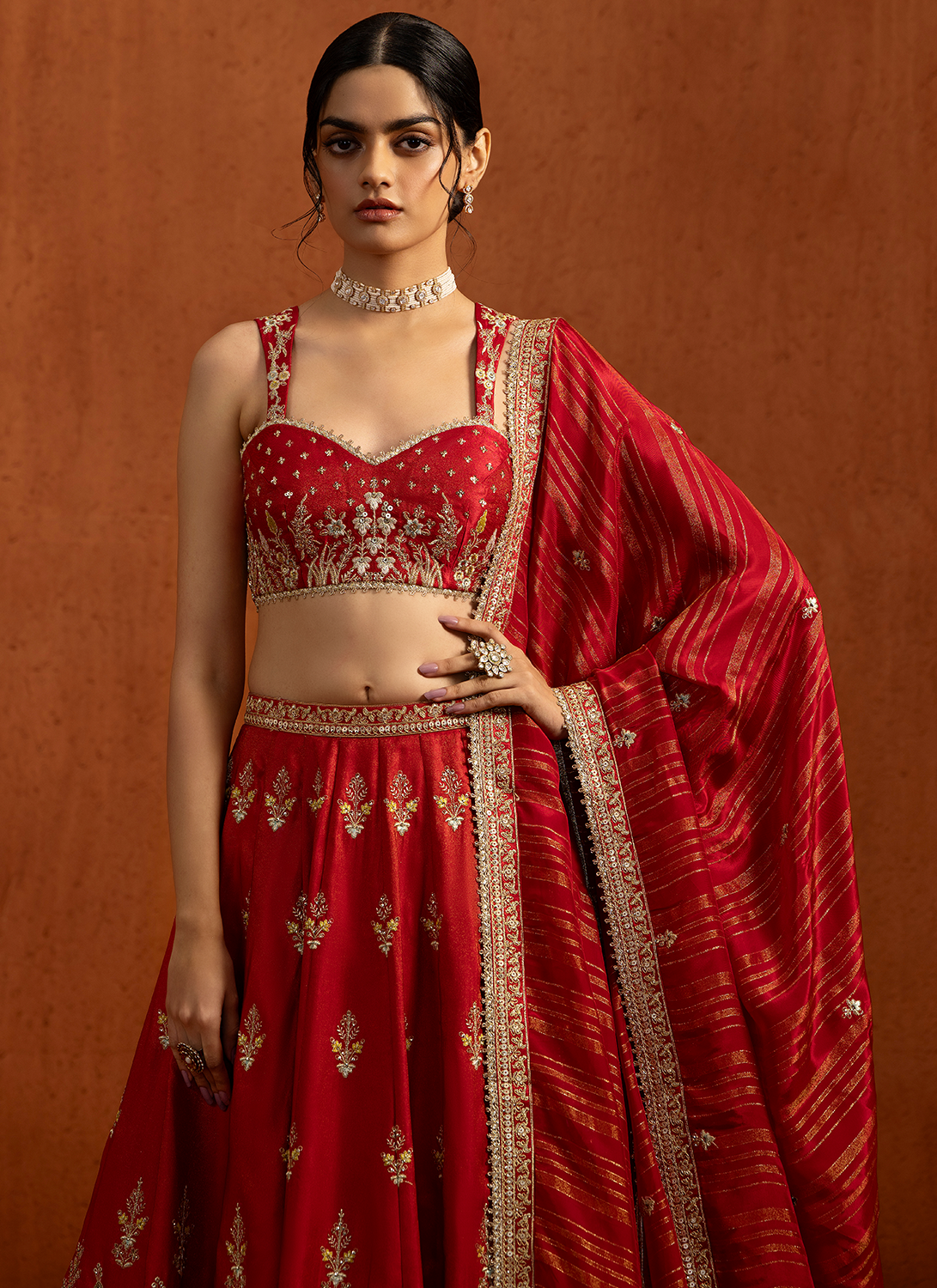 Red Embroidered Viscose Tissue Satin Lehenga
