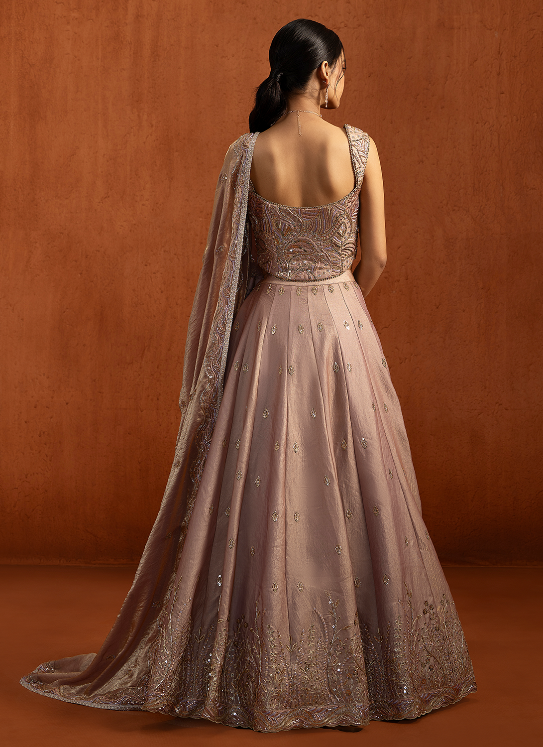 Light Mauve Embroidered Satin Lehenga