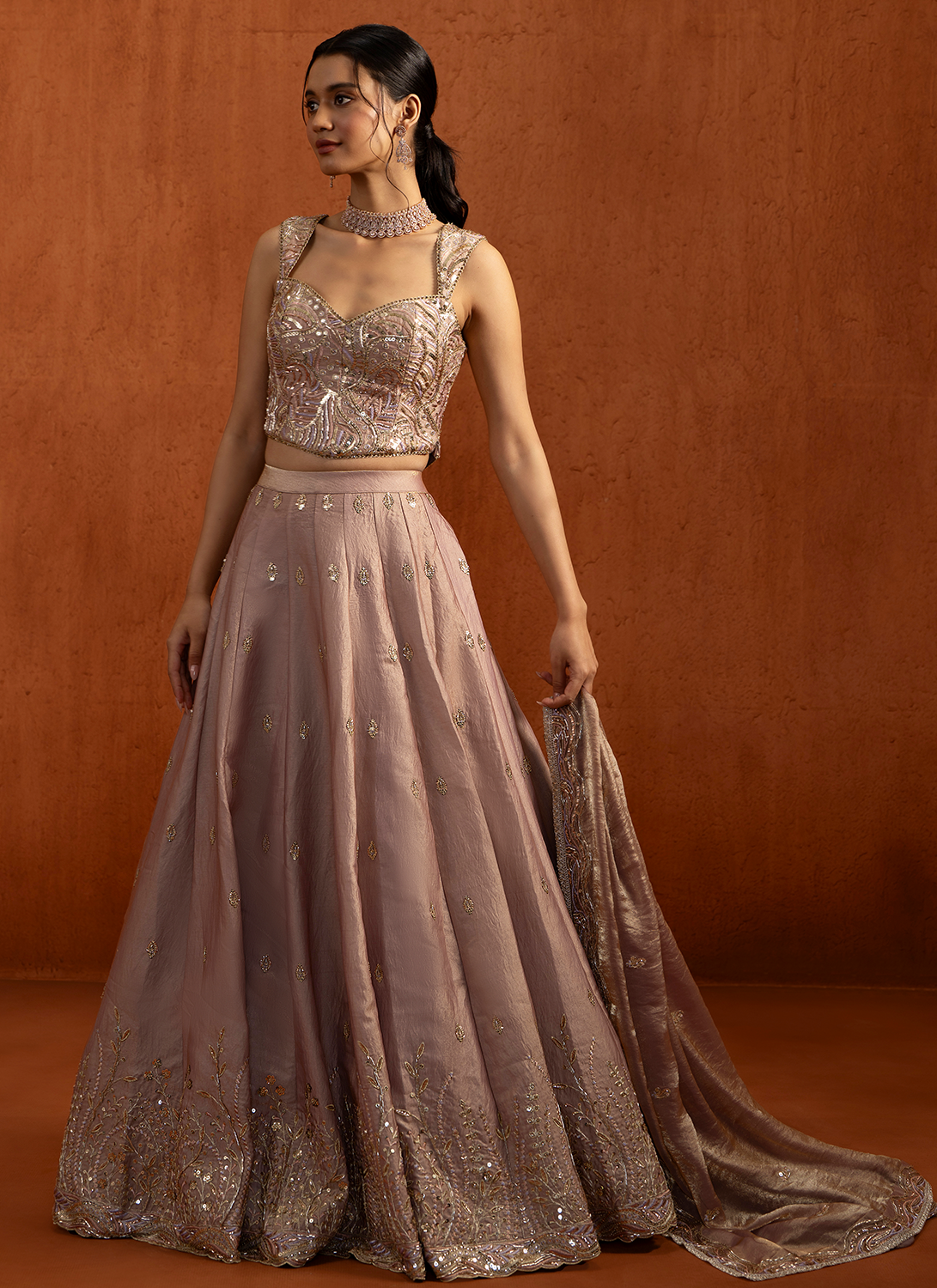 Light Mauve Embroidered Satin Lehenga