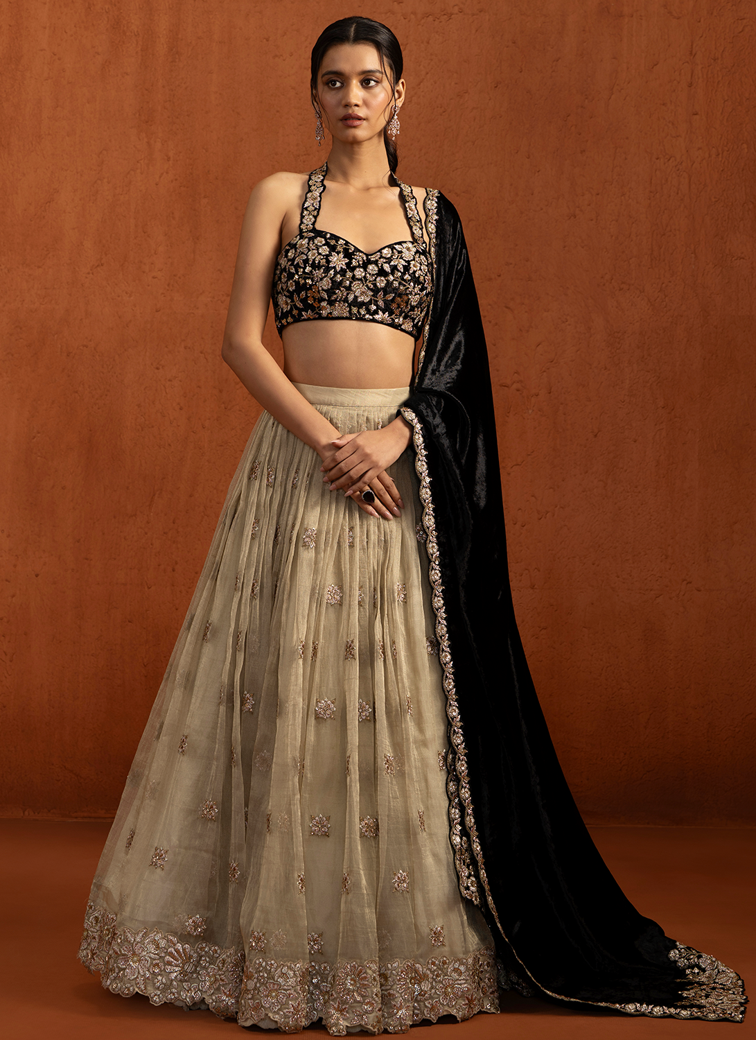 Champagne and Black Embroidered Velvet Lehenga