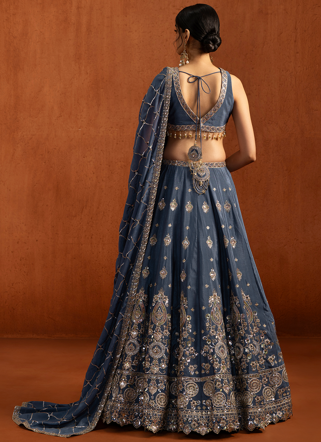 Blue Embroidered Chiffon Lehenga